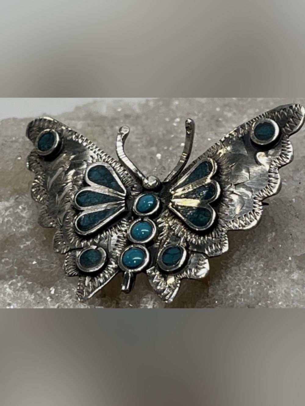 Vintage Turquoise Native American Navajo butterfly brooch sterling silver